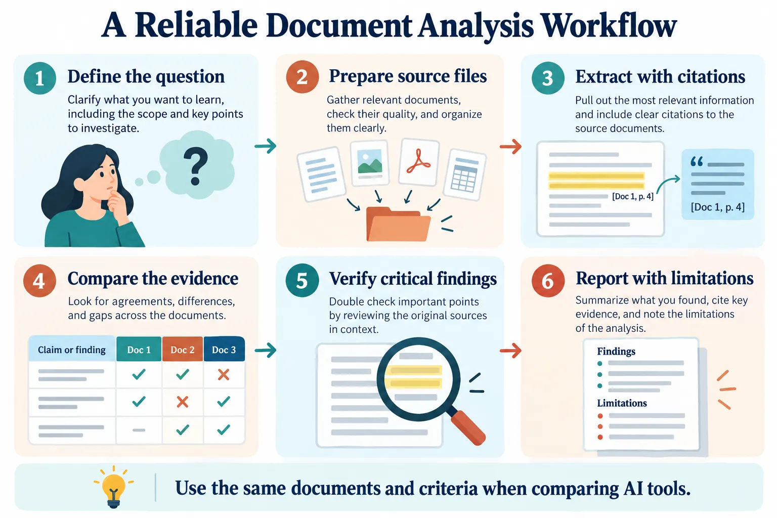 Six stages of document analysis: define the question, prepare sources, extract with citations, compare evidence, verify findings and report limitations.