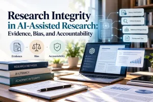 Research desk illustration with a laptop and books introducing evidence, bias and accountability in AI-assisted research