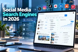 Social media search illustration showing a laptop with public profiles, posts and topic discovery