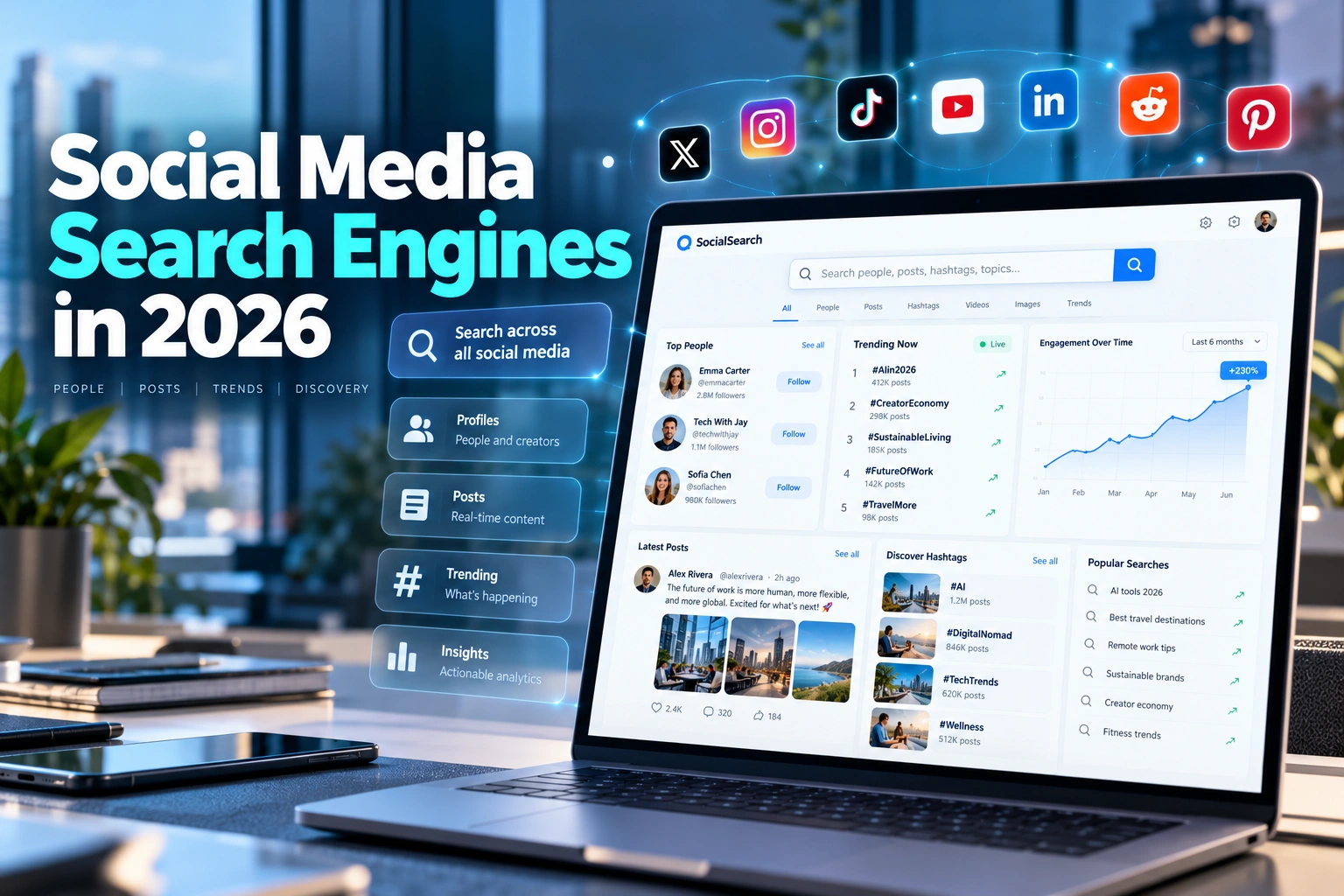 Social media search illustration showing a laptop with public profiles, posts and topic discovery