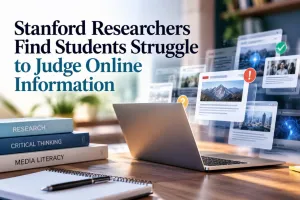 Illustrative desk with research books, a laptop and floating online content cards representing online information evaluation