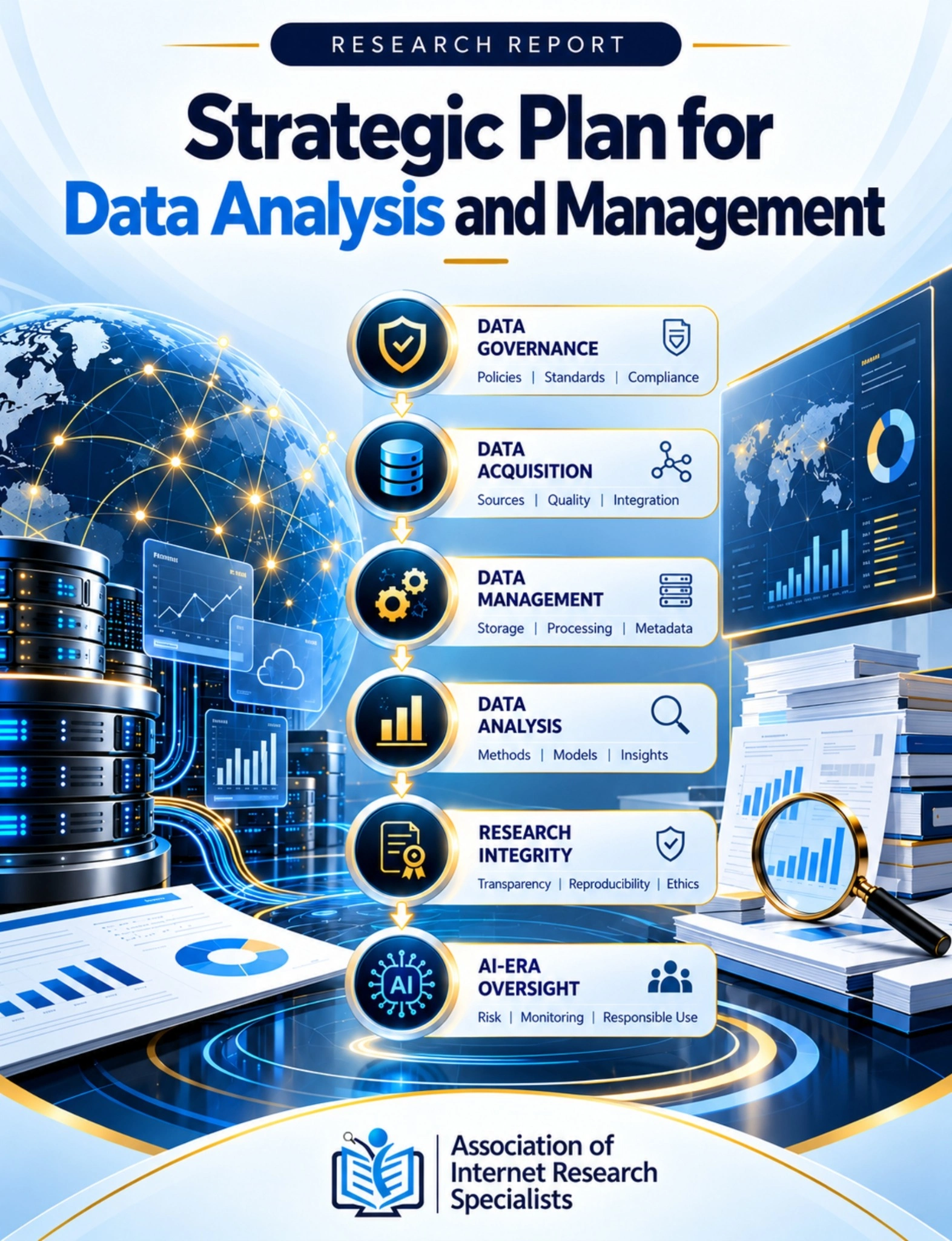 Data Analysis and Management strategic-plan cover showing stages for governance, acquisition, management, analysis and research integrity.