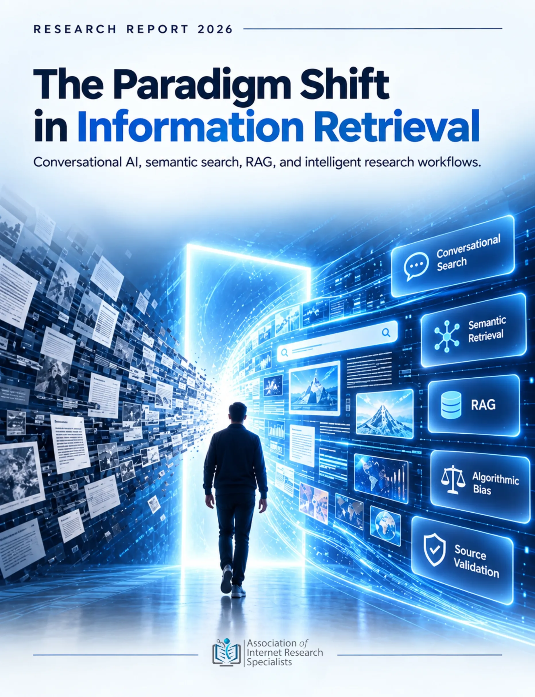 The Paradigm Shift in Information Retrieval AOFIRS research report cover showing AI-powered search, digital information discovery, and modern research technologies.
