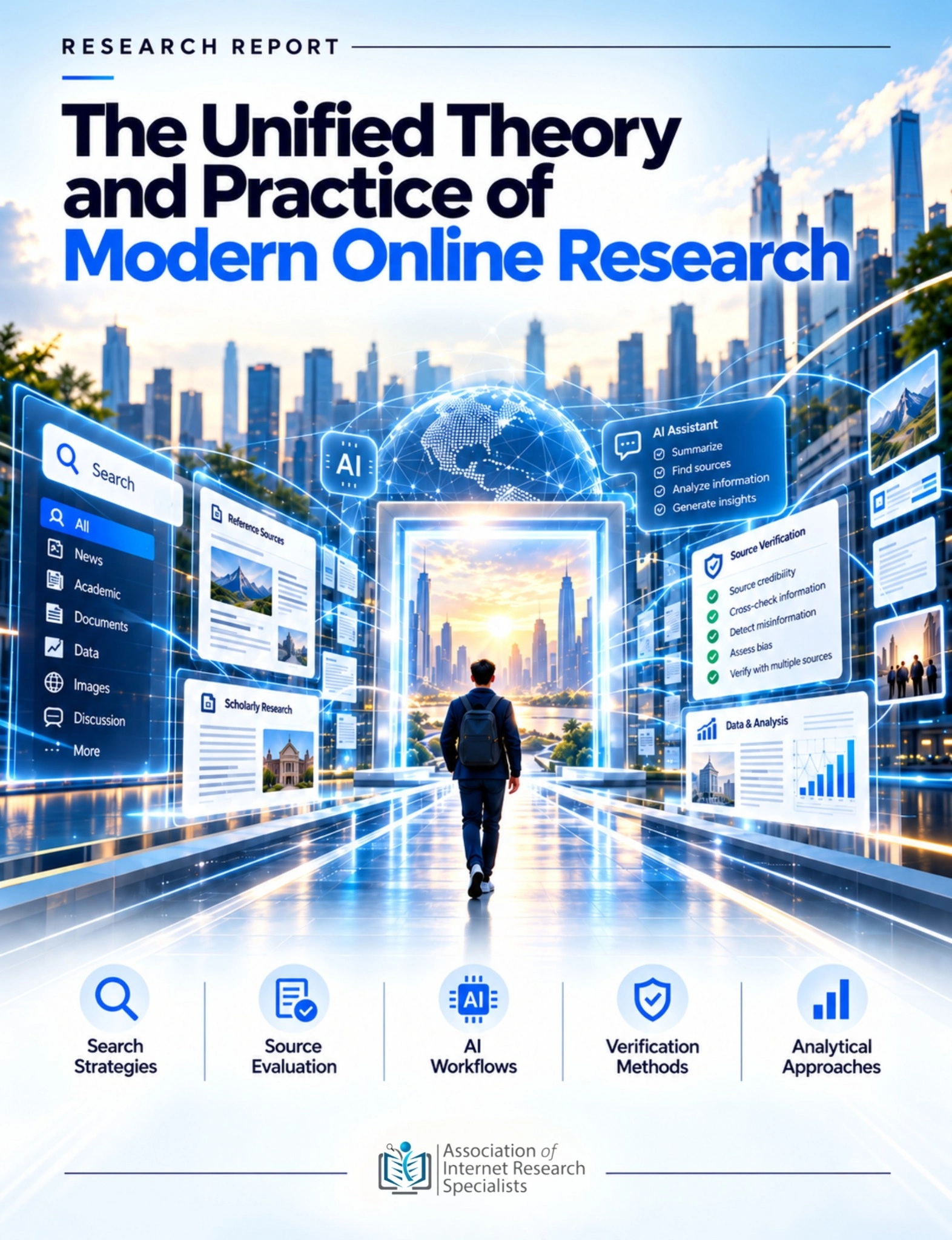 Modern Online Research report cover with a researcher moving through search, source-evaluation, AI-workflow and verification displays.
