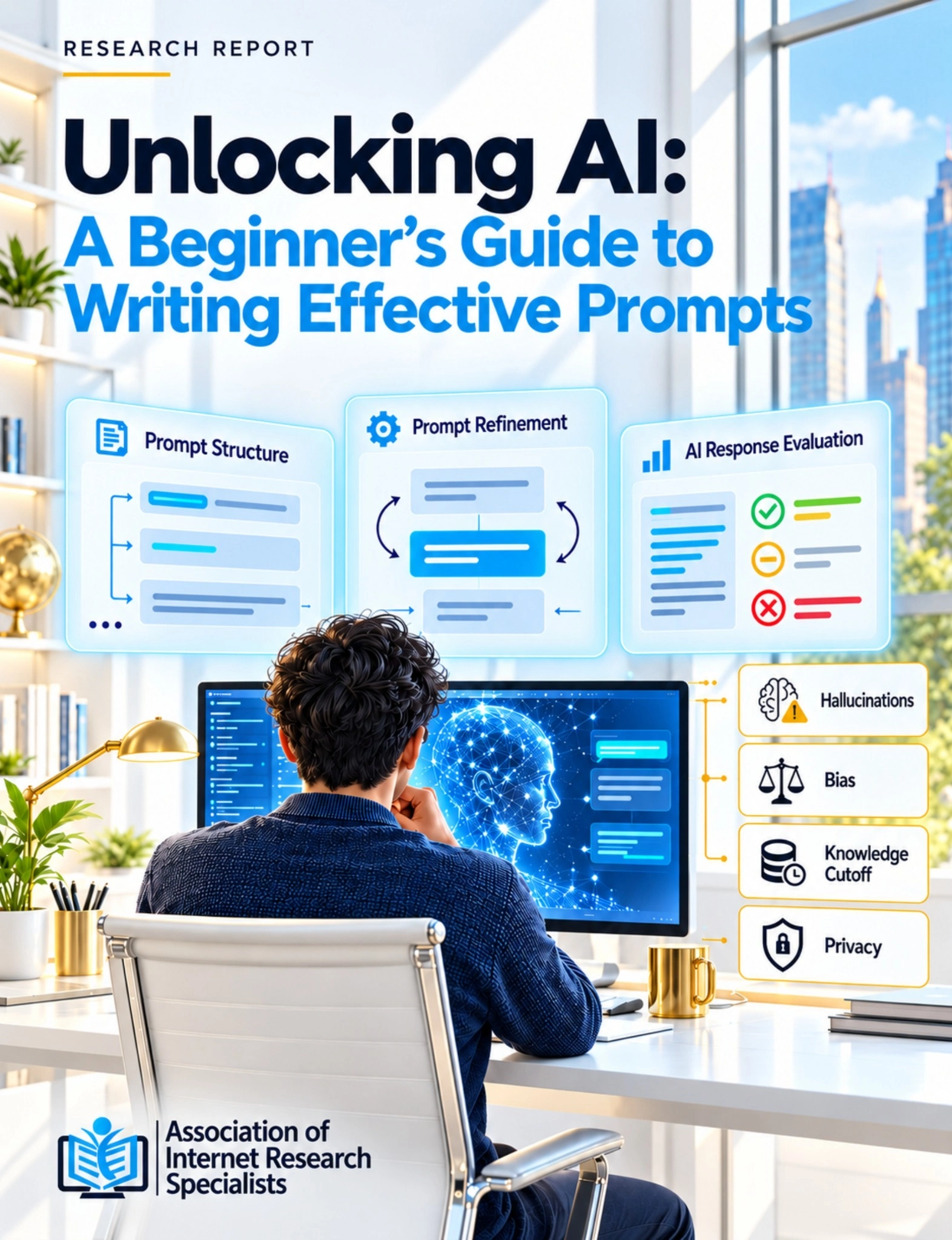 Beginner’s AI prompt-writing report cover with prompt structure, refinement and response-evaluation panels beside a researcher.