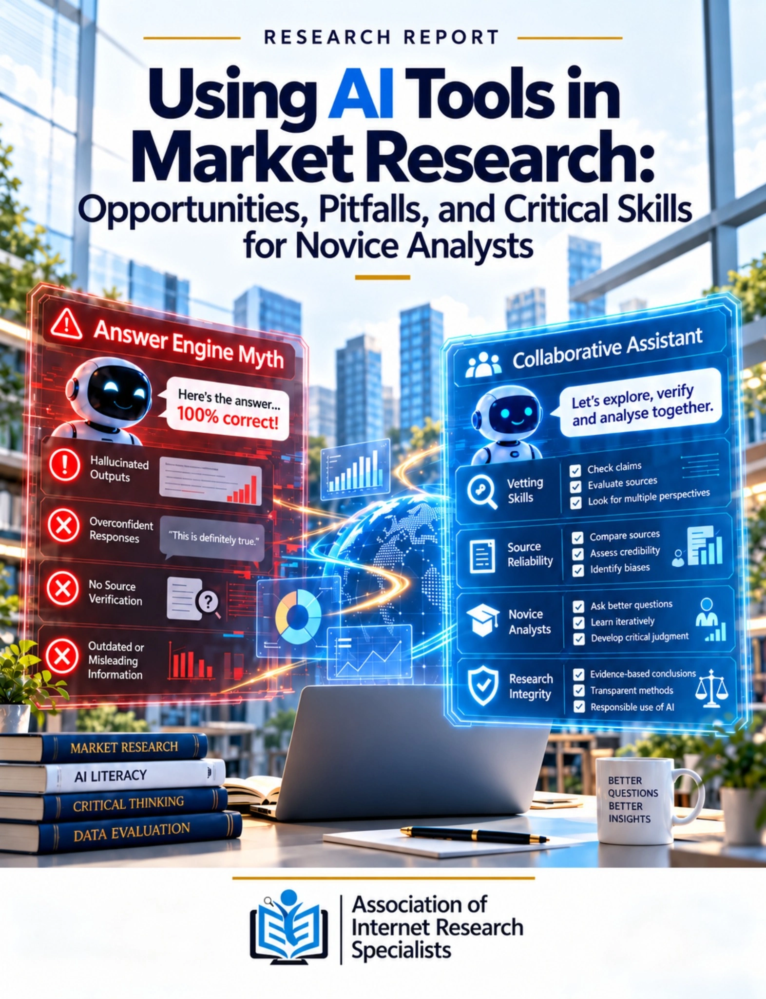 AI Tools in Market Research report cover contrasting an unreliable answer-engine approach with a collaborative research assistant.