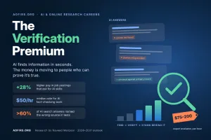 The verification premium in AI and online research careers, highlighting source checks, AI skill pay premiums and expert evaluation rates.