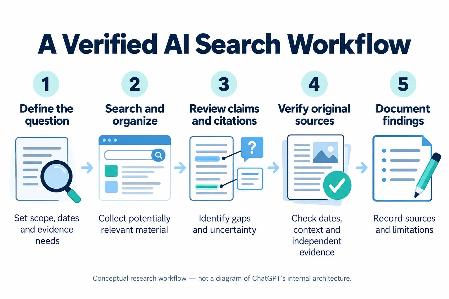Five-stage research workflow: define the question, search and organize, review citations, verify original sources and document findings.