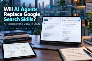 Illustrated laptop comparing an AI research workspace with Google Search beside books and research notes